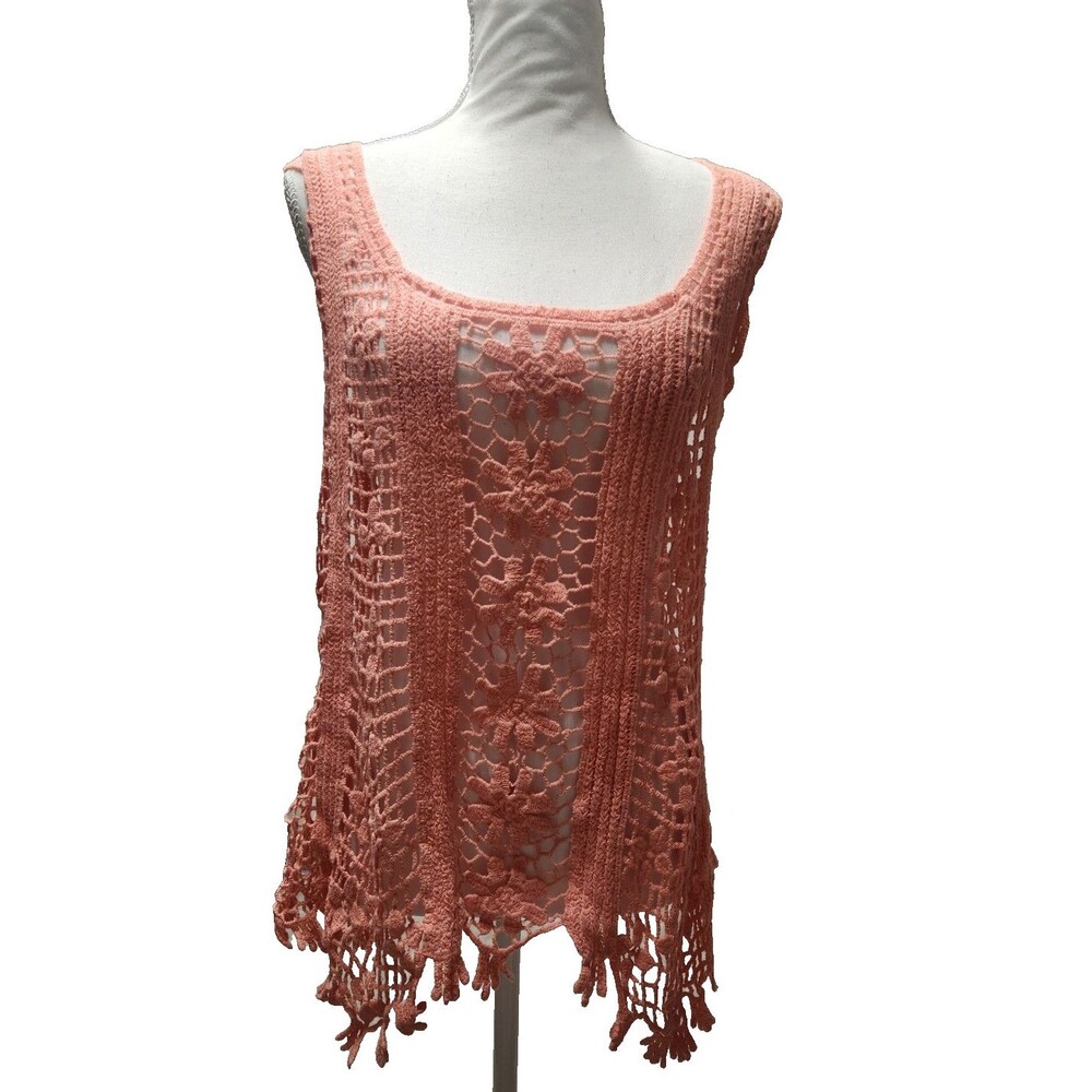 Simply Irresistible Crocheted Peachy Boho Open Knit Sweater Womens Size L